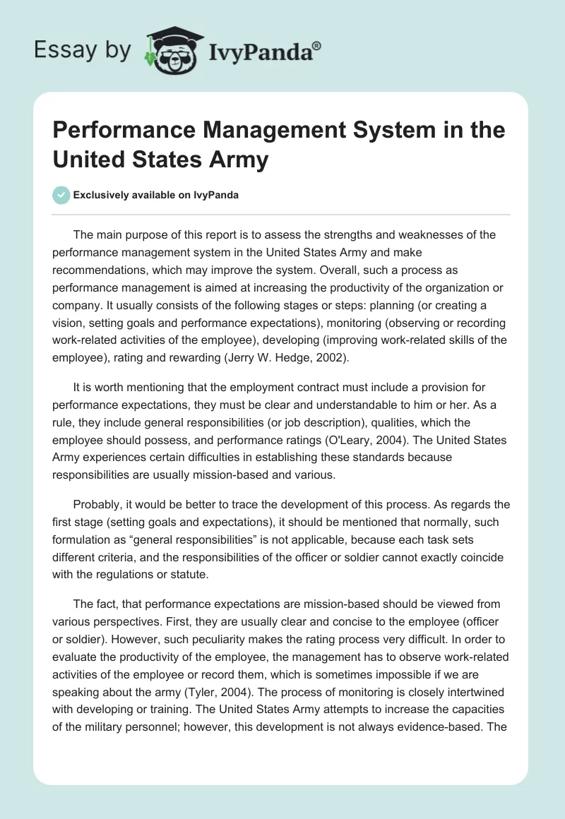 Performance Management System in the United States Army. Page 1