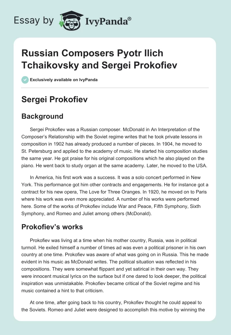 Russian Composers Pyotr Ilich Tchaikovsky and Sergei Prokofiev. Page 1