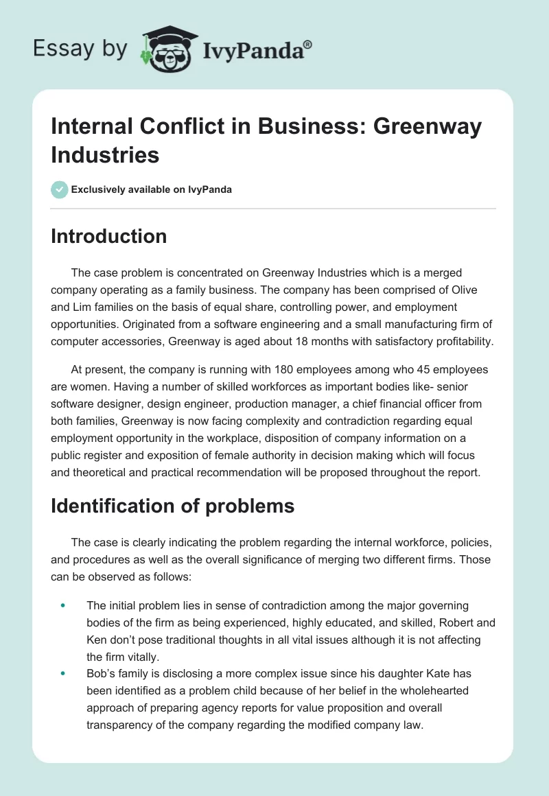 Internal Conflict in Business: Greenway Industries. Page 1