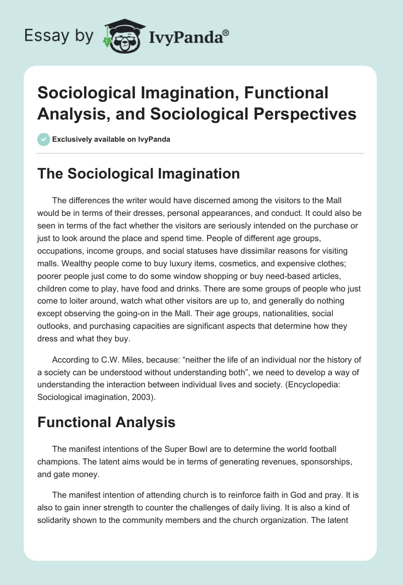 Sociological Imagination, Functional Analysis, and Sociological Perspectives. Page 1