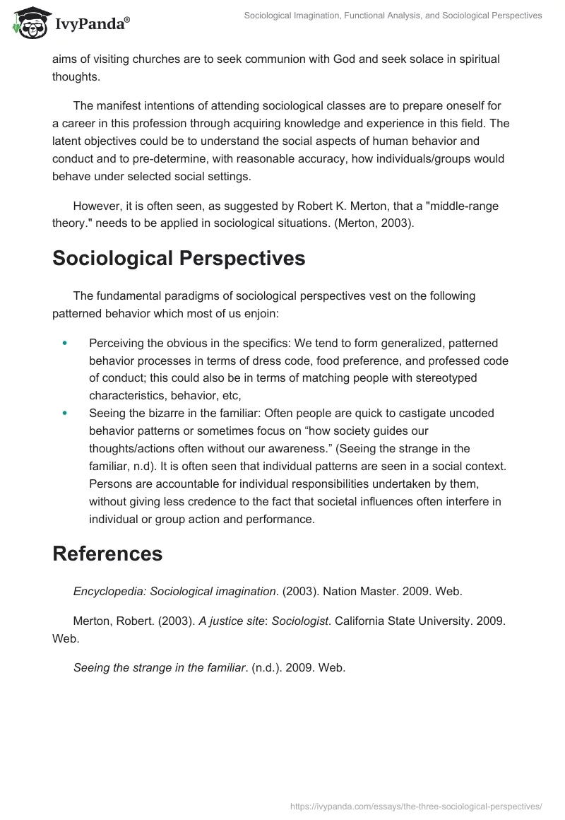 Sociological Imagination, Functional Analysis, and Sociological Perspectives. Page 2
