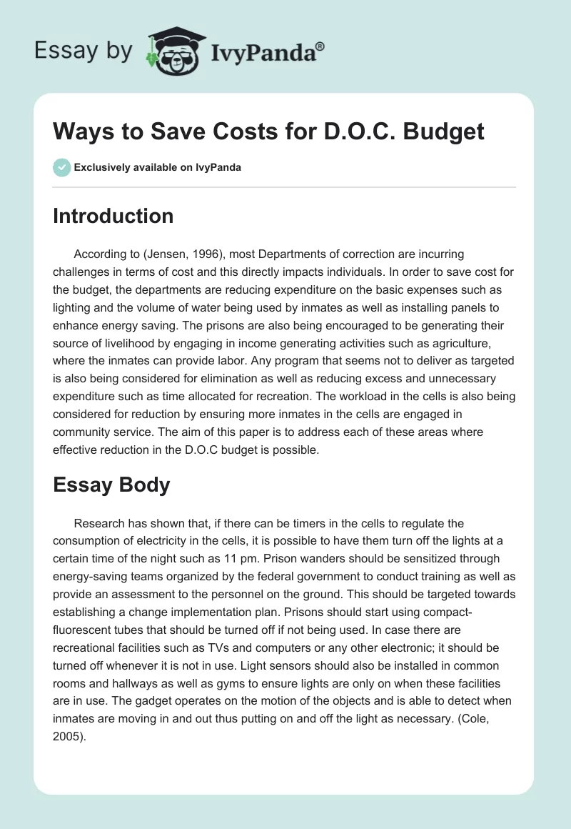 Ways to Save Costs for D.O.C. Budget. Page 1