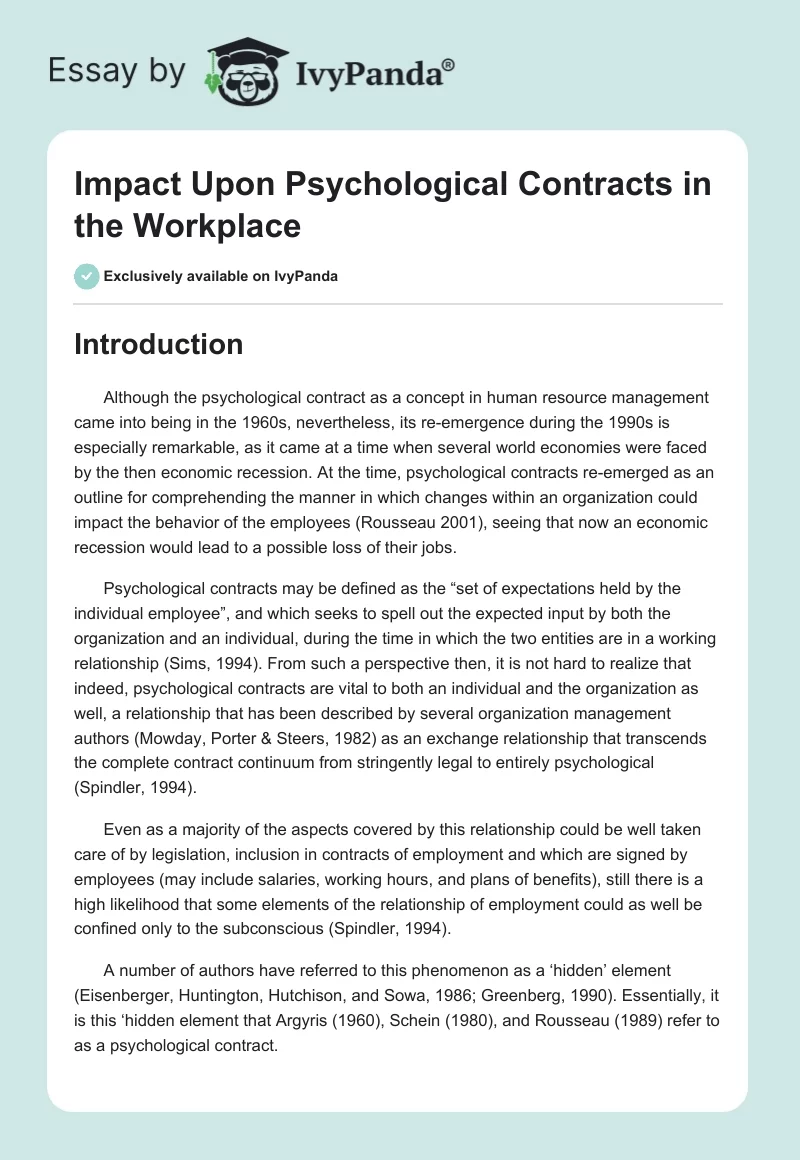 Impact Upon Psychological Contracts in the Workplace. Page 1