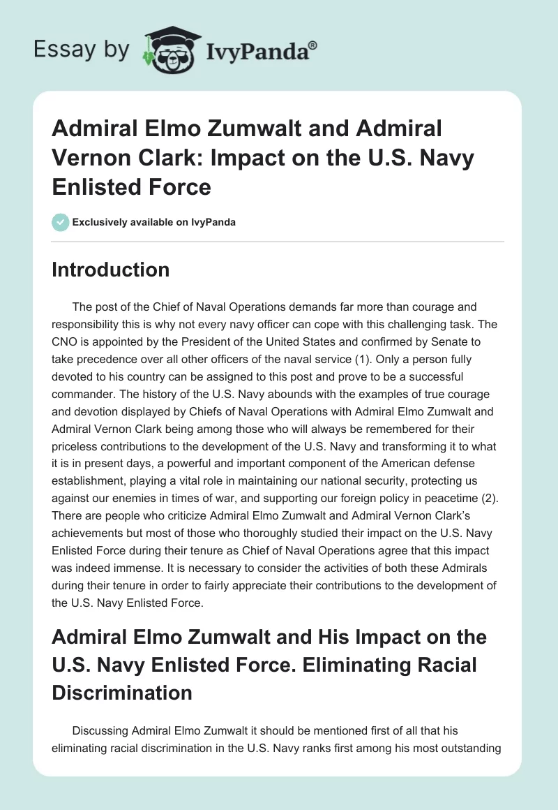 Admiral Elmo Zumwalt and Admiral Vernon Clark: Impact on the U.S. Navy Enlisted Force. Page 1