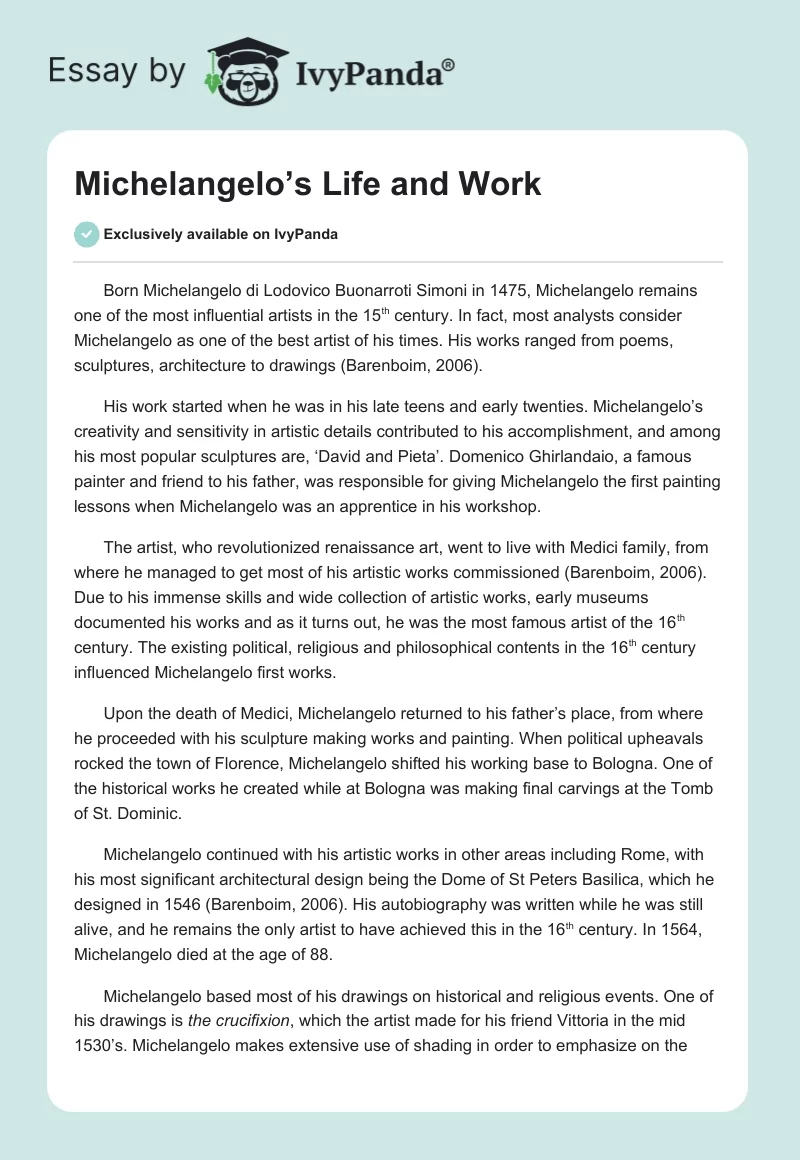 Michelangelo’s Life and Work. Page 1