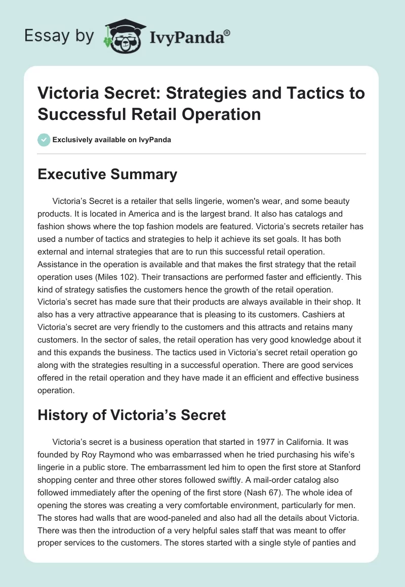 Victoria Secret: Strategies and Tactics to Successful Retail Operation. Page 1