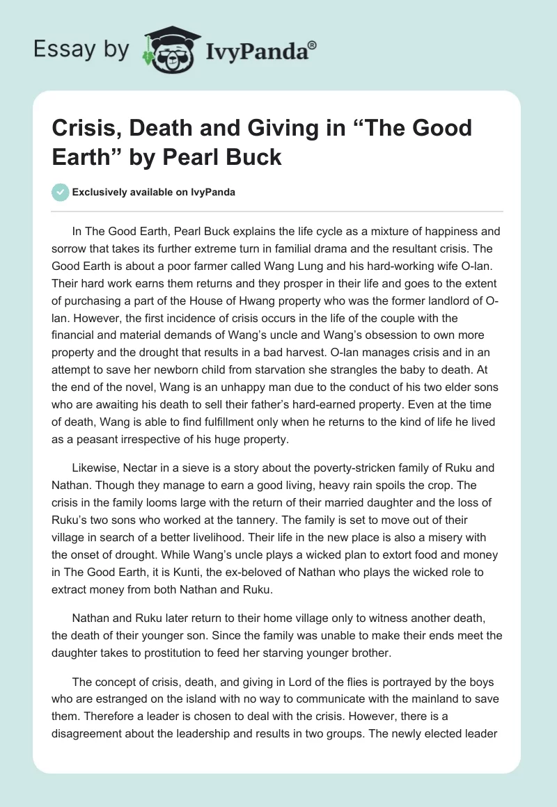 Crisis, Death and Giving in “The Good Earth” by Pearl Buck. Page 1