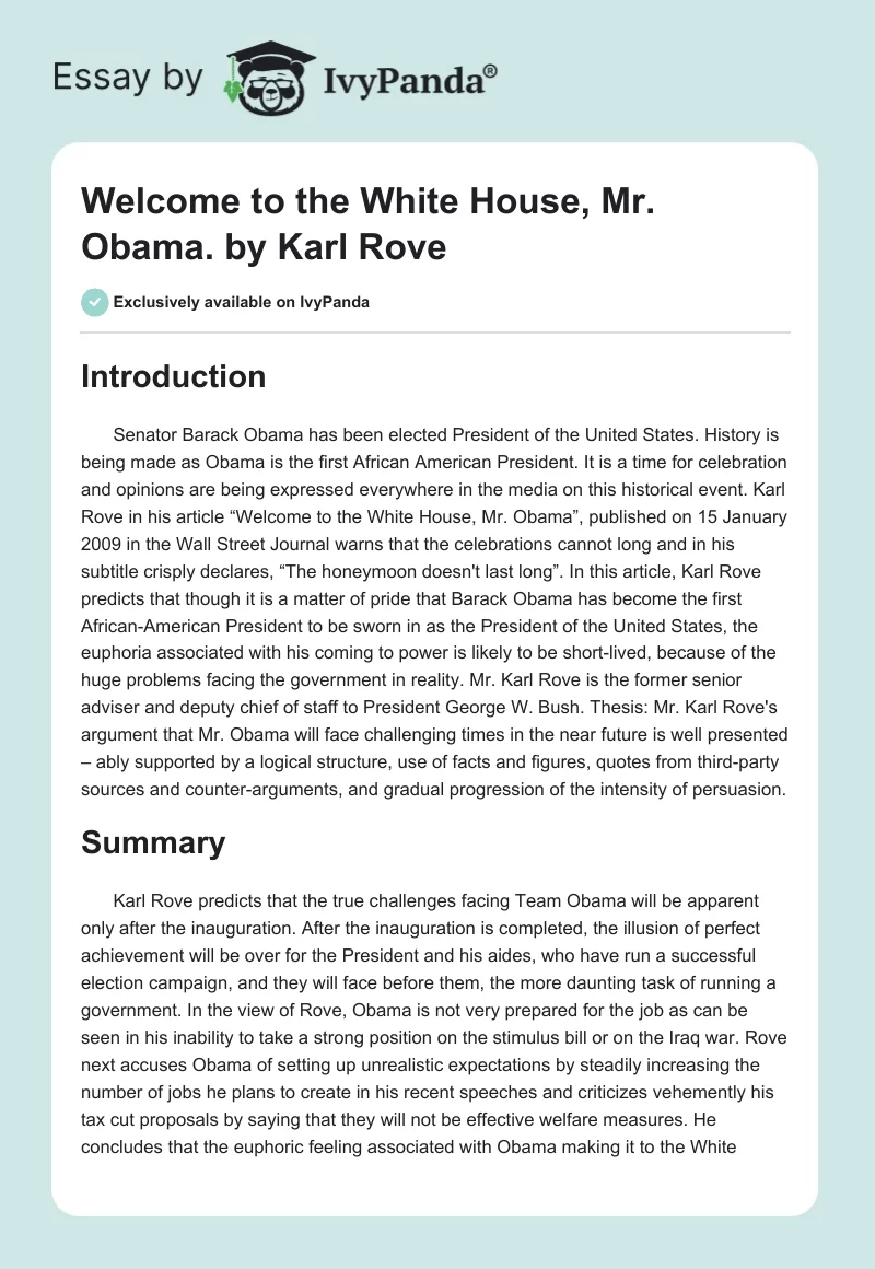 "Welcome to the White House, Mr. Obama." by Karl Rove. Page 1