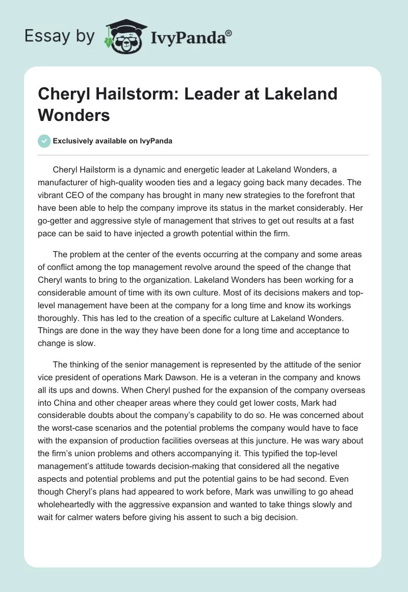 Cheryl Hailstorm: Leader at Lakeland Wonders. Page 1