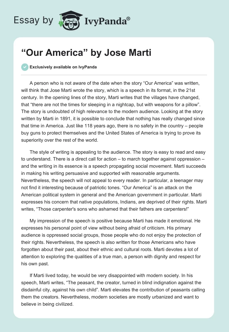 “Our America” by Jose Marti. Page 1