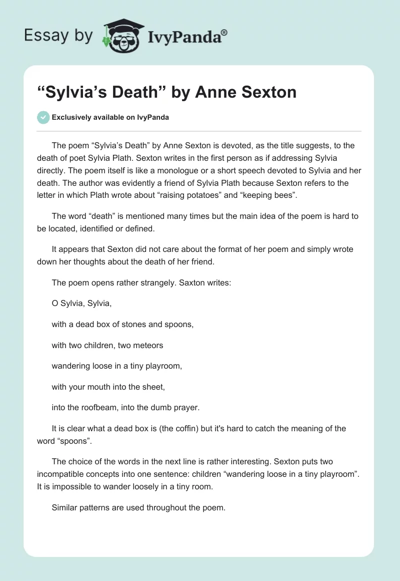 “Sylvia’s Death” by Anne Sexton. Page 1