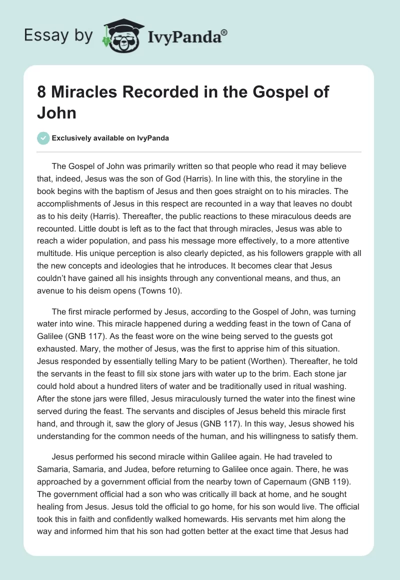8 Miracles Recorded in the Gospel of John. Page 1