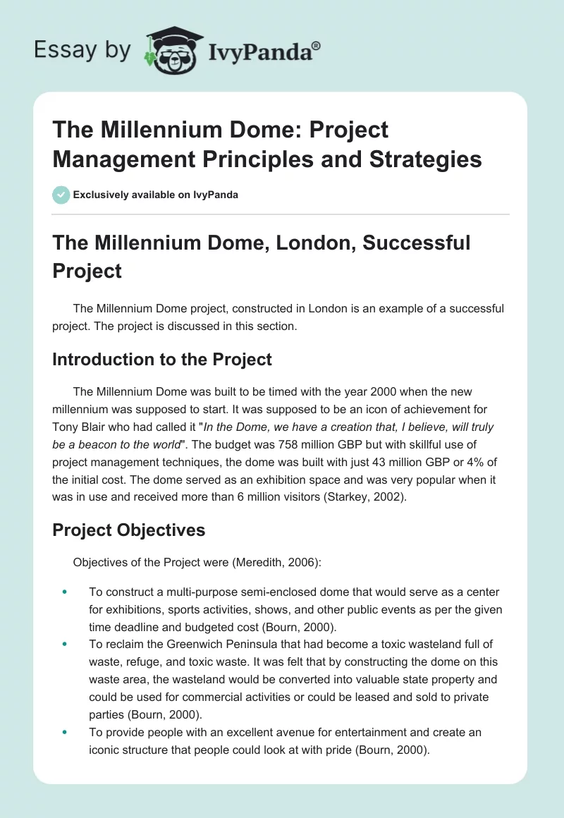 The Millennium Dome: Project Management Principles and Strategies. Page 1