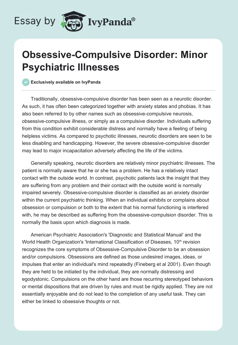 Obsessive-Compulsive Disorder: Minor Psychiatric Illnesses. Page 1