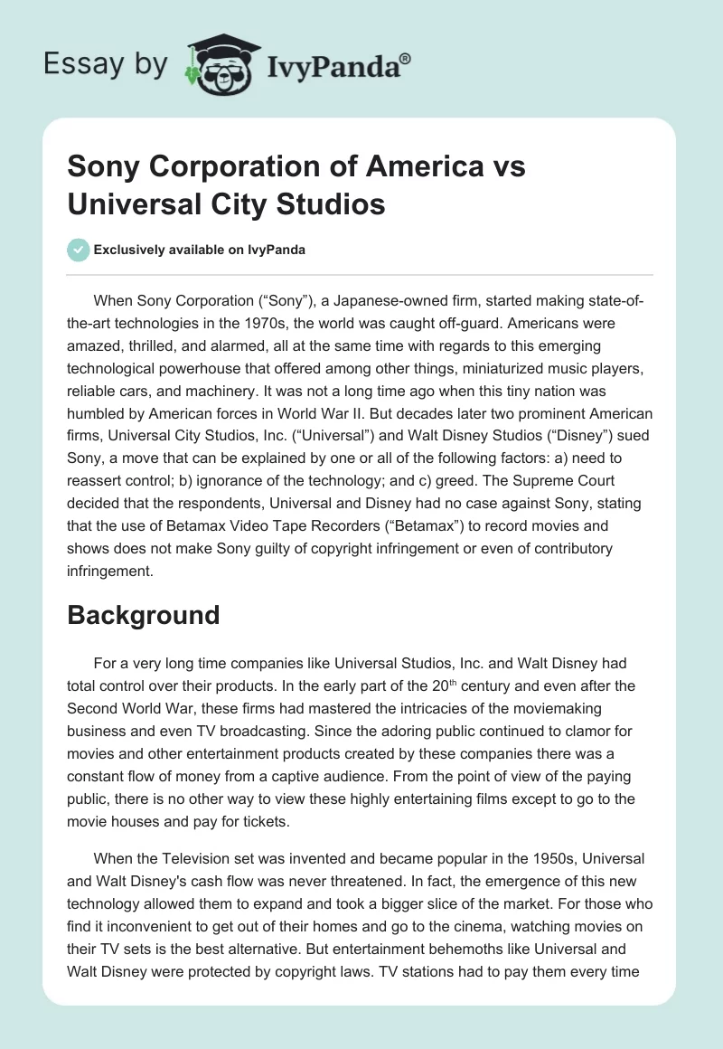 Sony Corporation of America vs Universal City Studios. Page 1