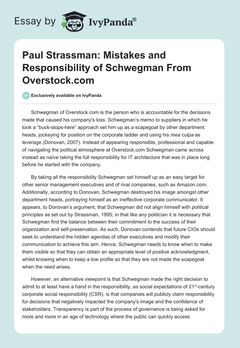 Paul Strassman: Mistakes and Responsibility of Schwegman From Overstock.com. Page 1