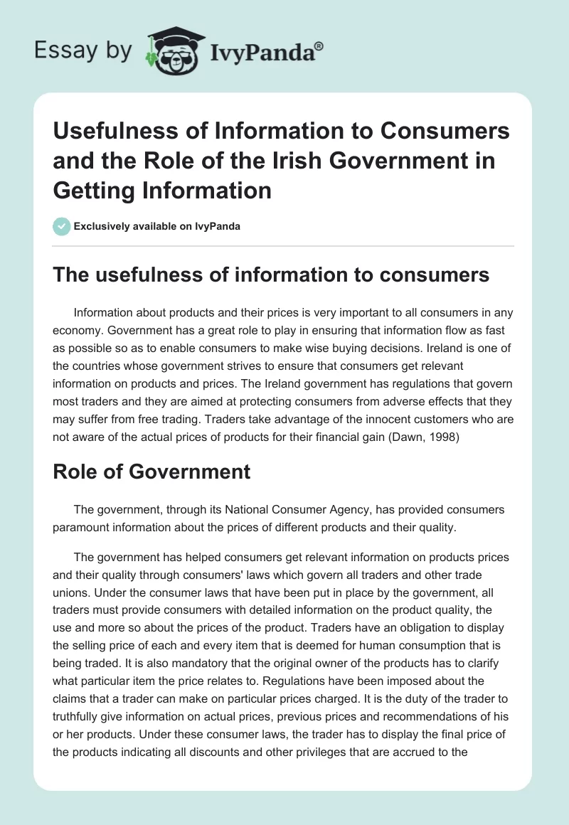 Usefulness of Information to Consumers and the Role of the Irish Government in Getting Information. Page 1