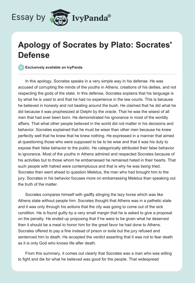 "Apology of Socrates" by Plato: Socrates' Defense. Page 1