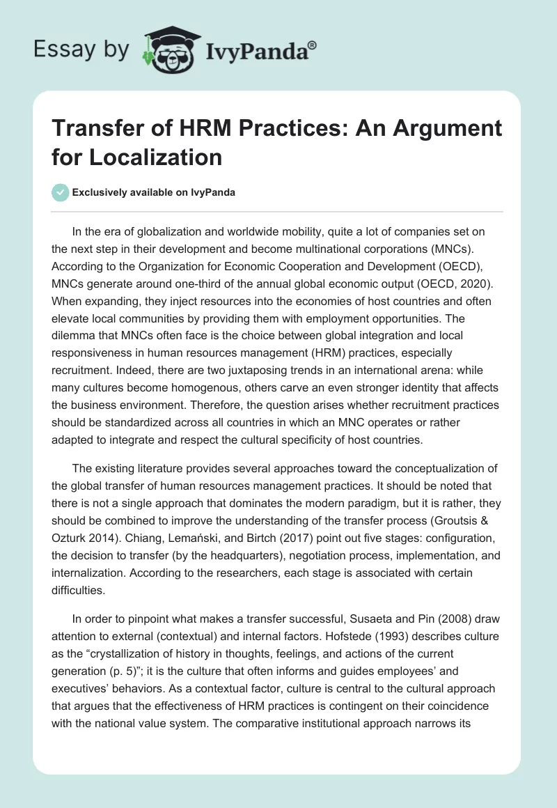 Transfer of HRM Practices: An Argument for Localization. Page 1