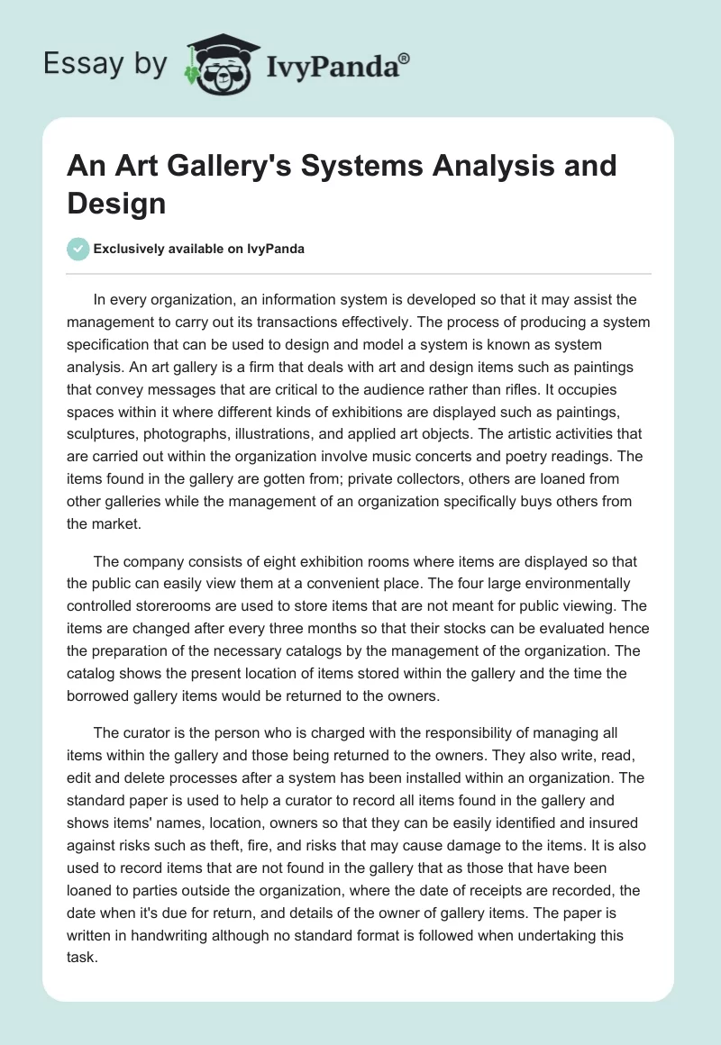 An Art Gallery's Systems Analysis and Design. Page 1