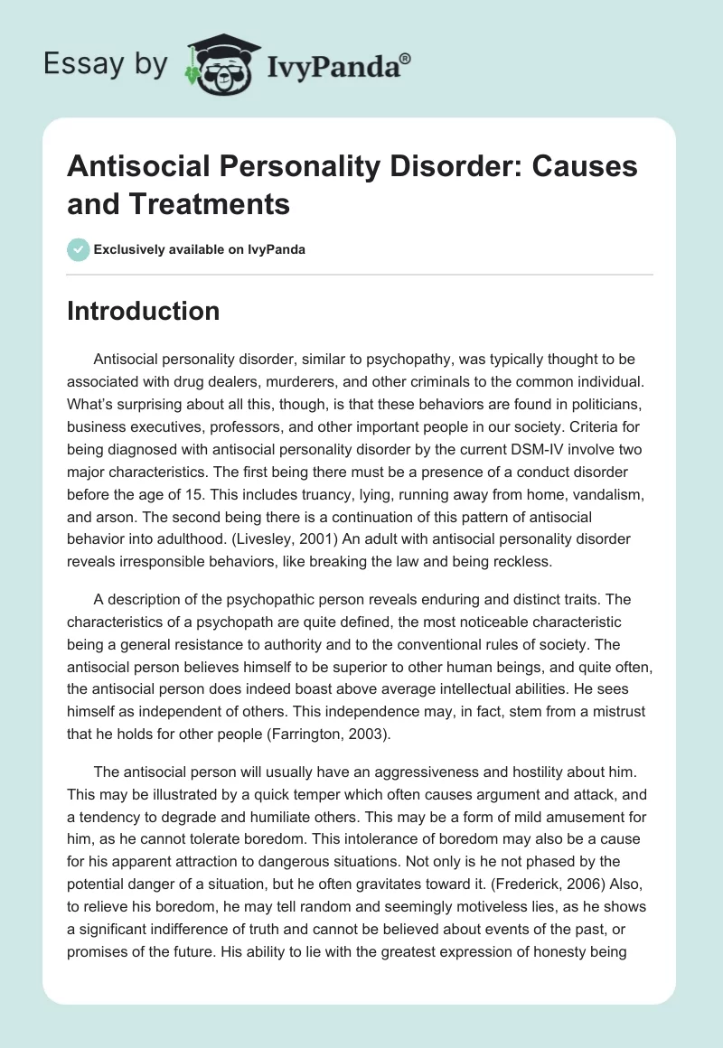 Antisocial Personality Disorder: Causes and Treatments. Page 1