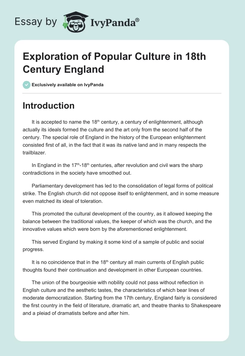 Exploration of Popular Culture in 18th Century England. Page 1