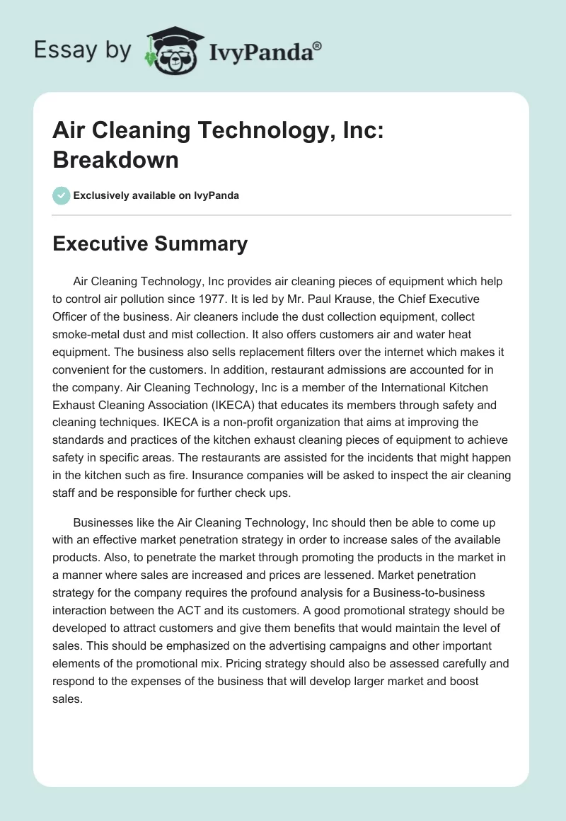 Air Cleaning Technology, Inc: Breakdown. Page 1