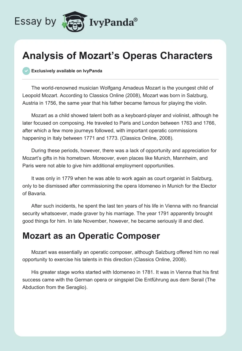 Analysis of Mozart’s Operas Characters. Page 1
