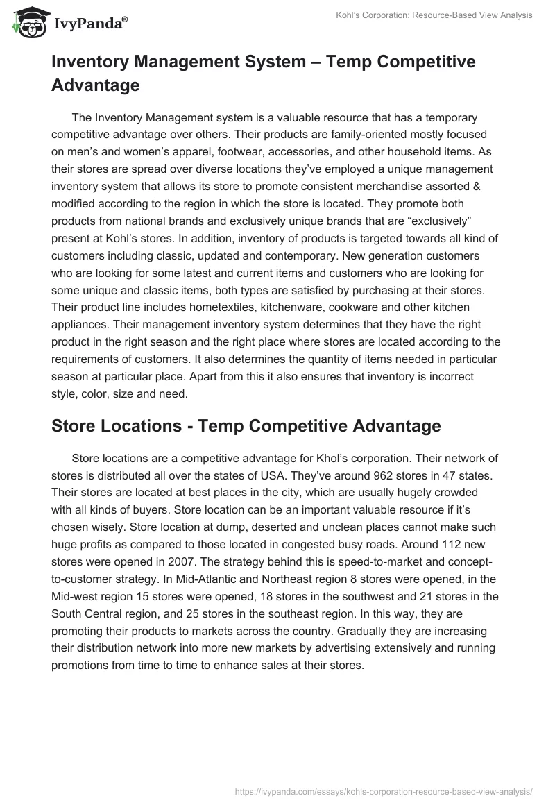 Kohl’s Corporation: Resource-Based View Analysis. Page 2