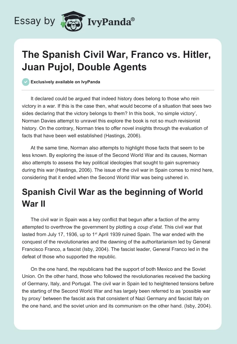 The Spanish Civil War, Franco vs. Hitler, Juan Pujol, Double Agents. Page 1
