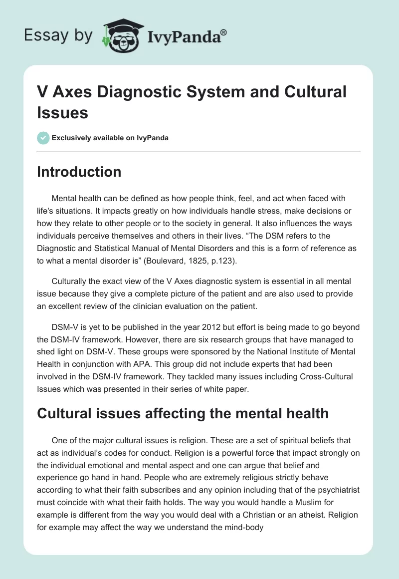 V Axes Diagnostic System and Cultural Issues. Page 1
