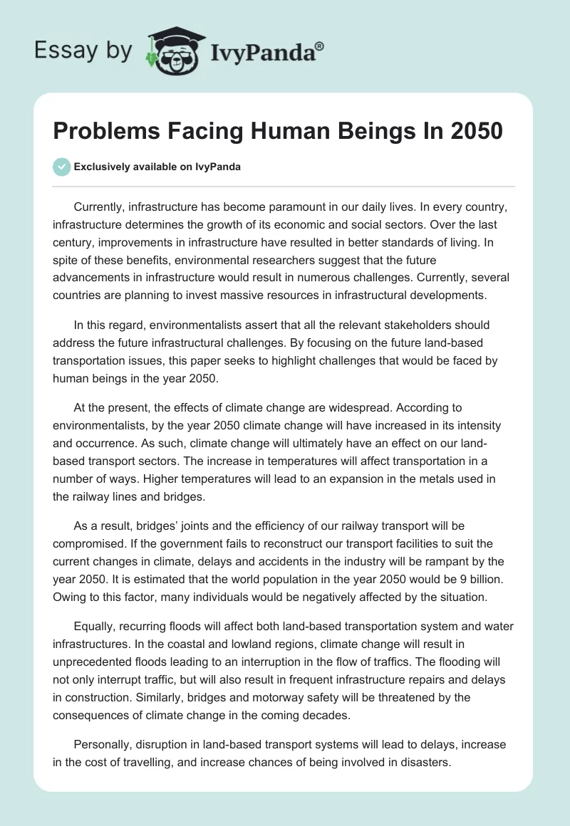 Problems Facing Human Beings In 2050. Page 1