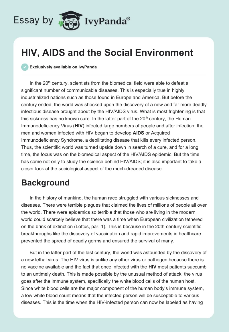 HIV, AIDS and the Social Environment. Page 1