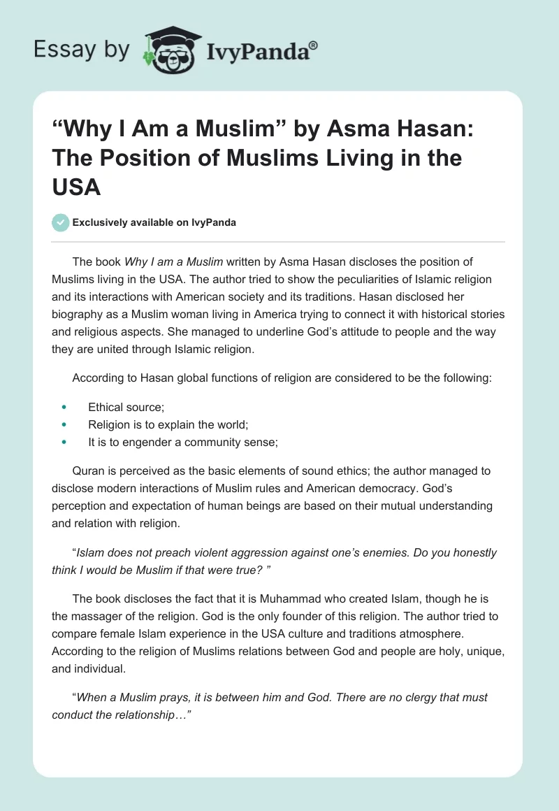 “Why I Am a Muslim” by Asma Hasan: The Position of Muslims Living in the USA. Page 1