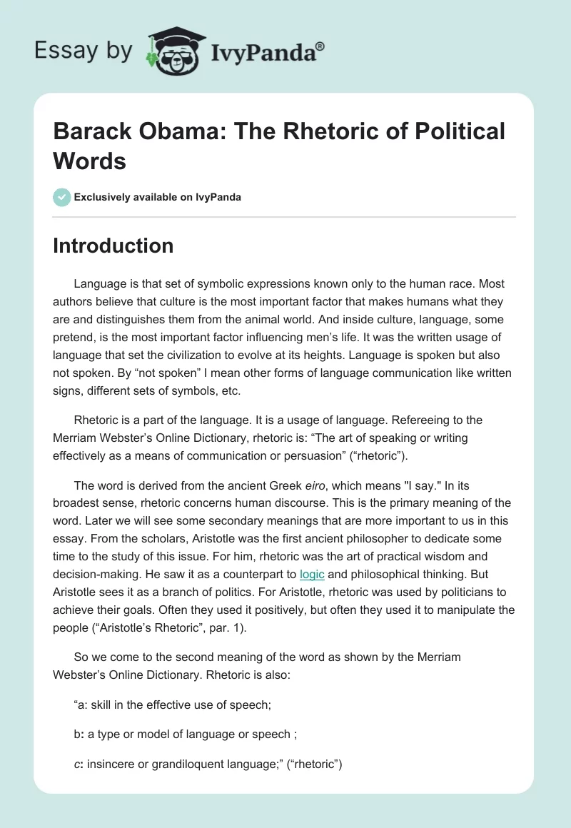 Barack Obama: The Rhetoric of Political Words. Page 1