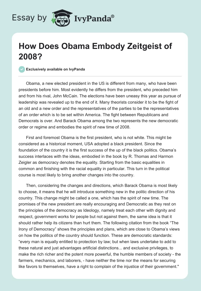 How Does Obama Embody Zeitgeist of 2008?. Page 1