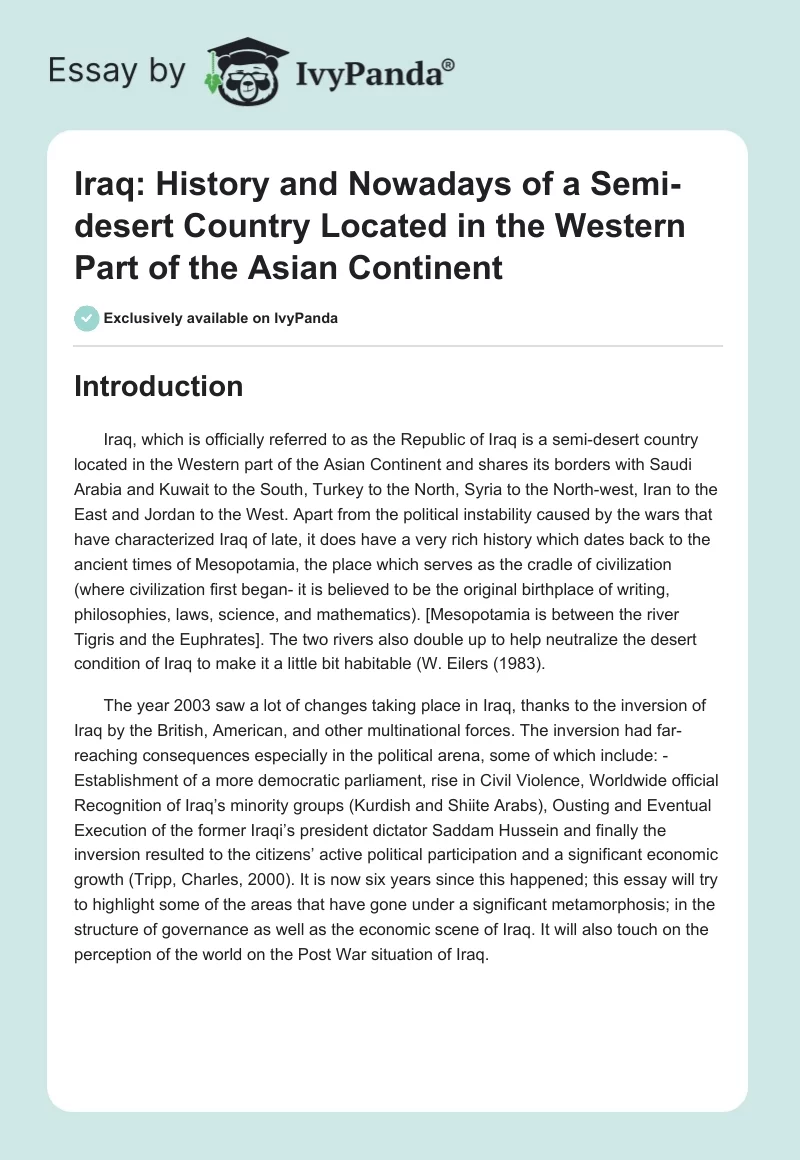 Iraq: History and Nowadays of a Semi-desert Country Located in the Western Part of the Asian Continent. Page 1