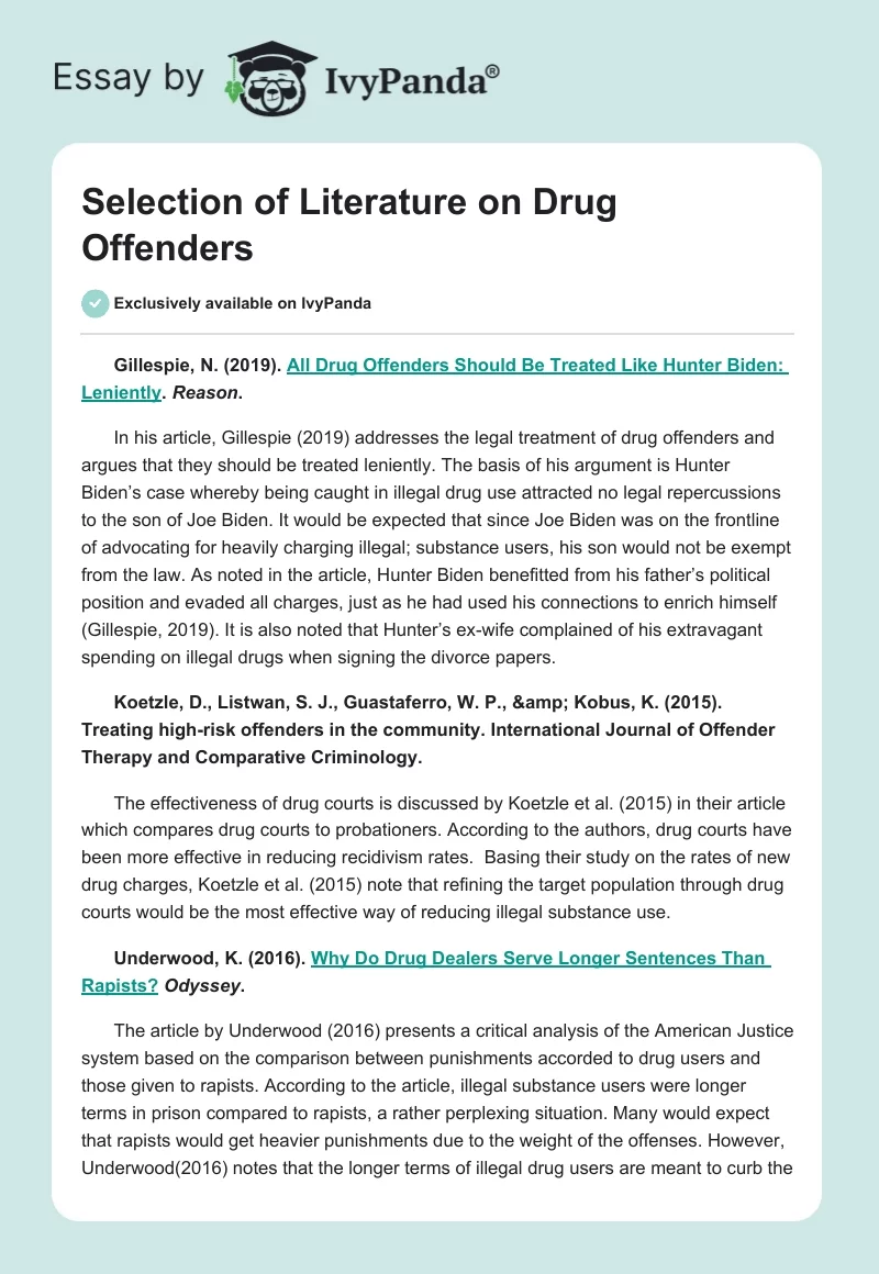Selection of Literature on Drug Offenders. Page 1