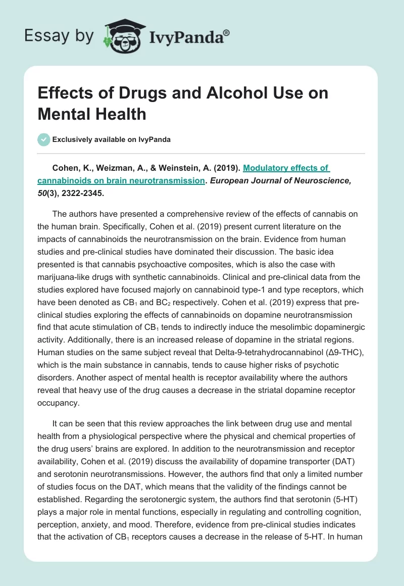 Effects of Drugs and Alcohol Use on Mental Health. Page 1