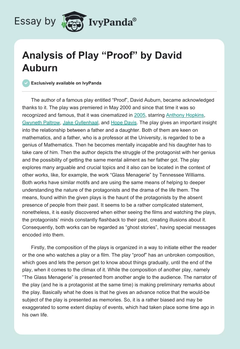 Analysis of Play “Proof” by David Auburn. Page 1