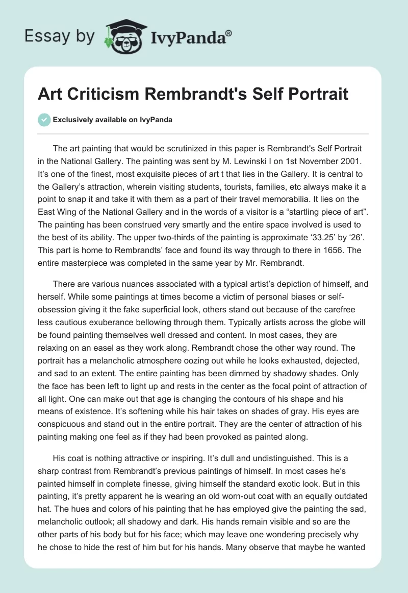 Art Criticism Rembrandt's Self Portrait. Page 1