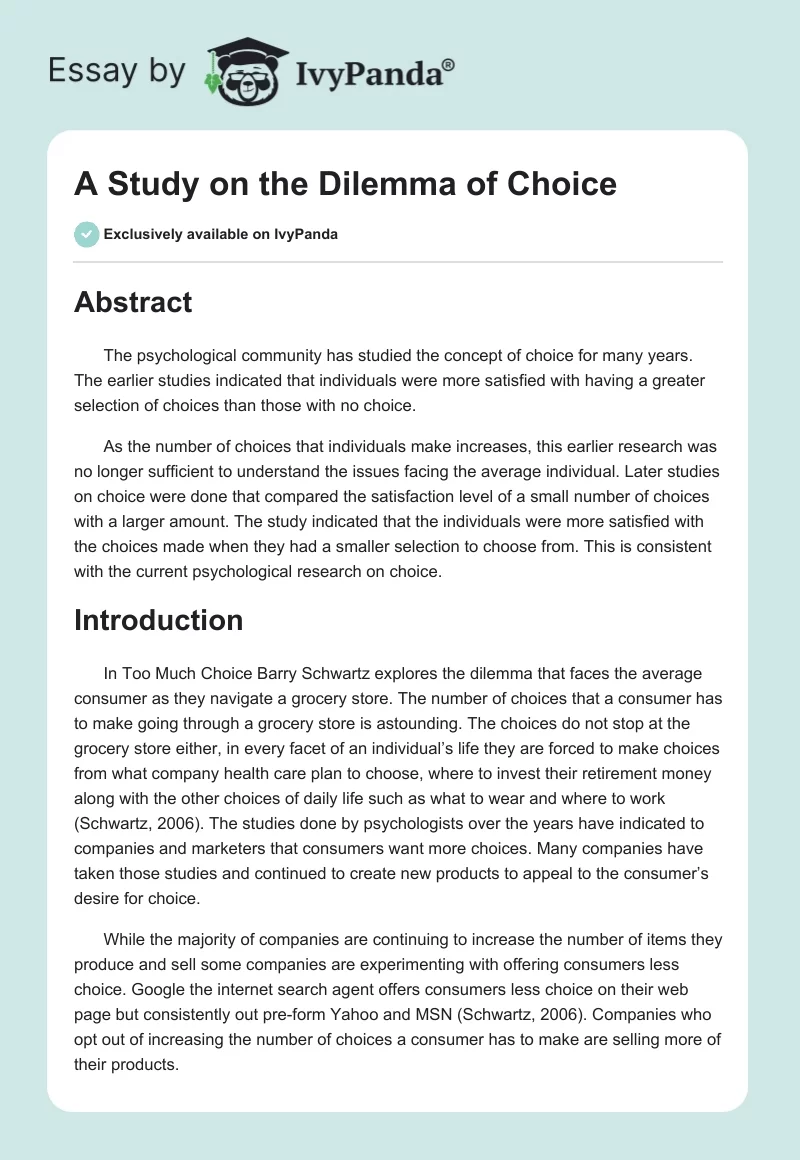 A Study on the Dilemma of Choice. Page 1