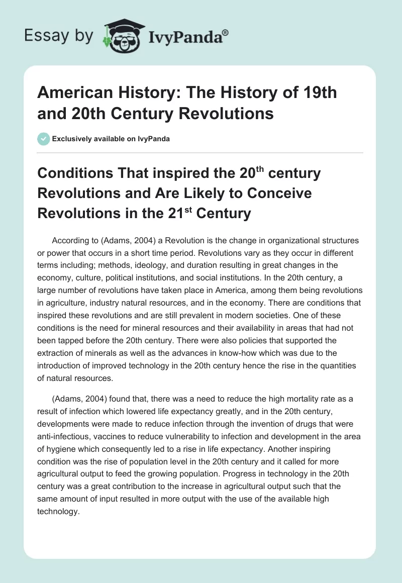 American History: The History of 19th and 20th Century Revolutions. Page 1
