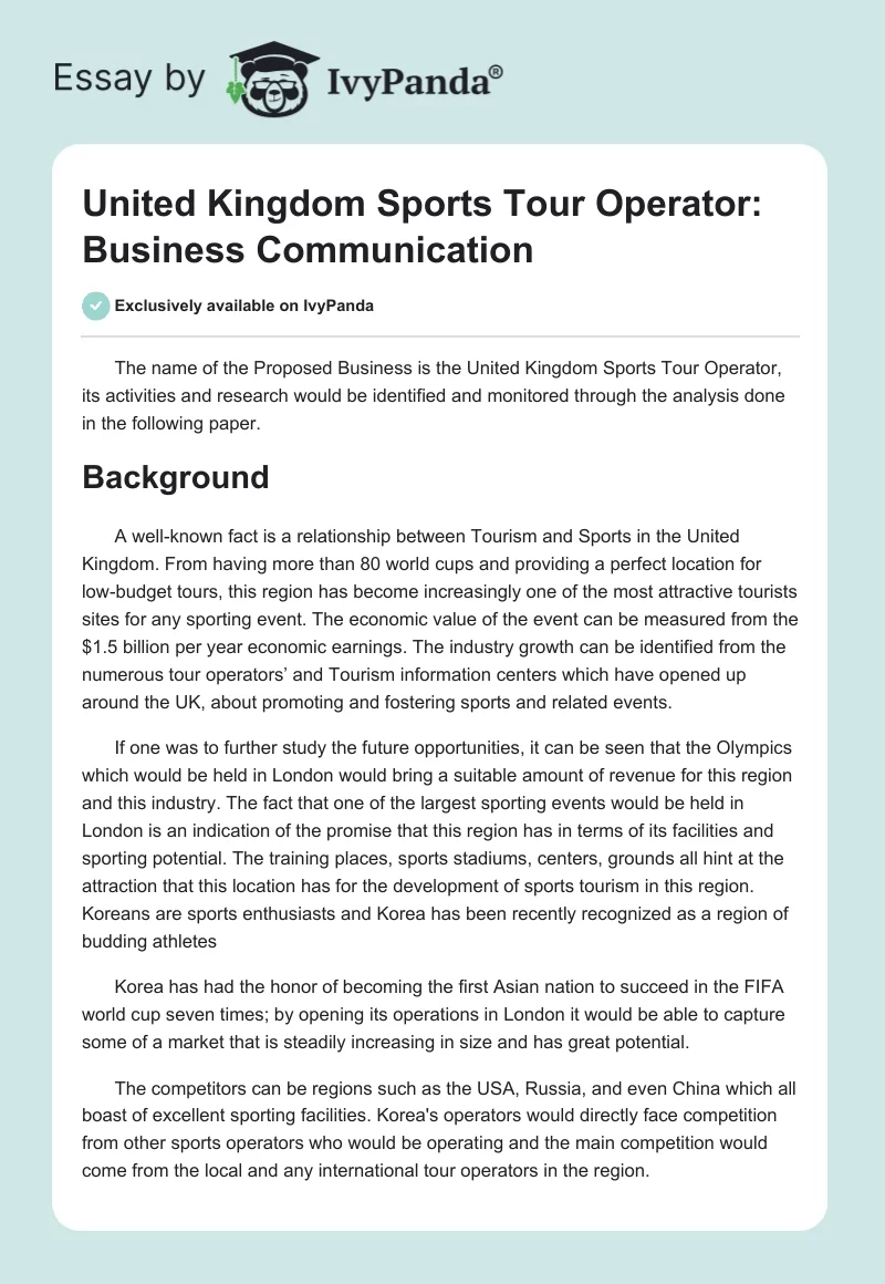 United Kingdom Sports Tour Operator: Business Communication. Page 1