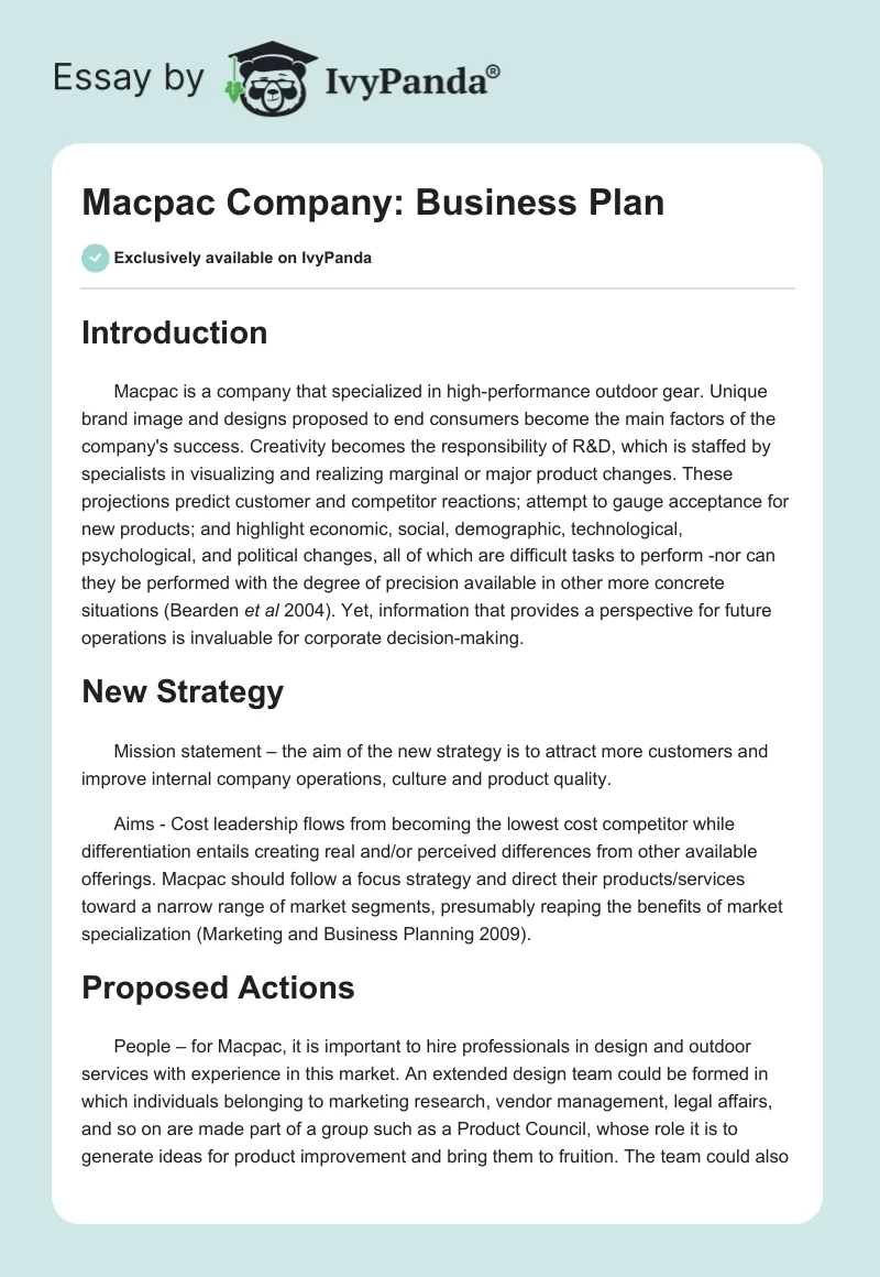 Macpac Company: Business Plan. Page 1