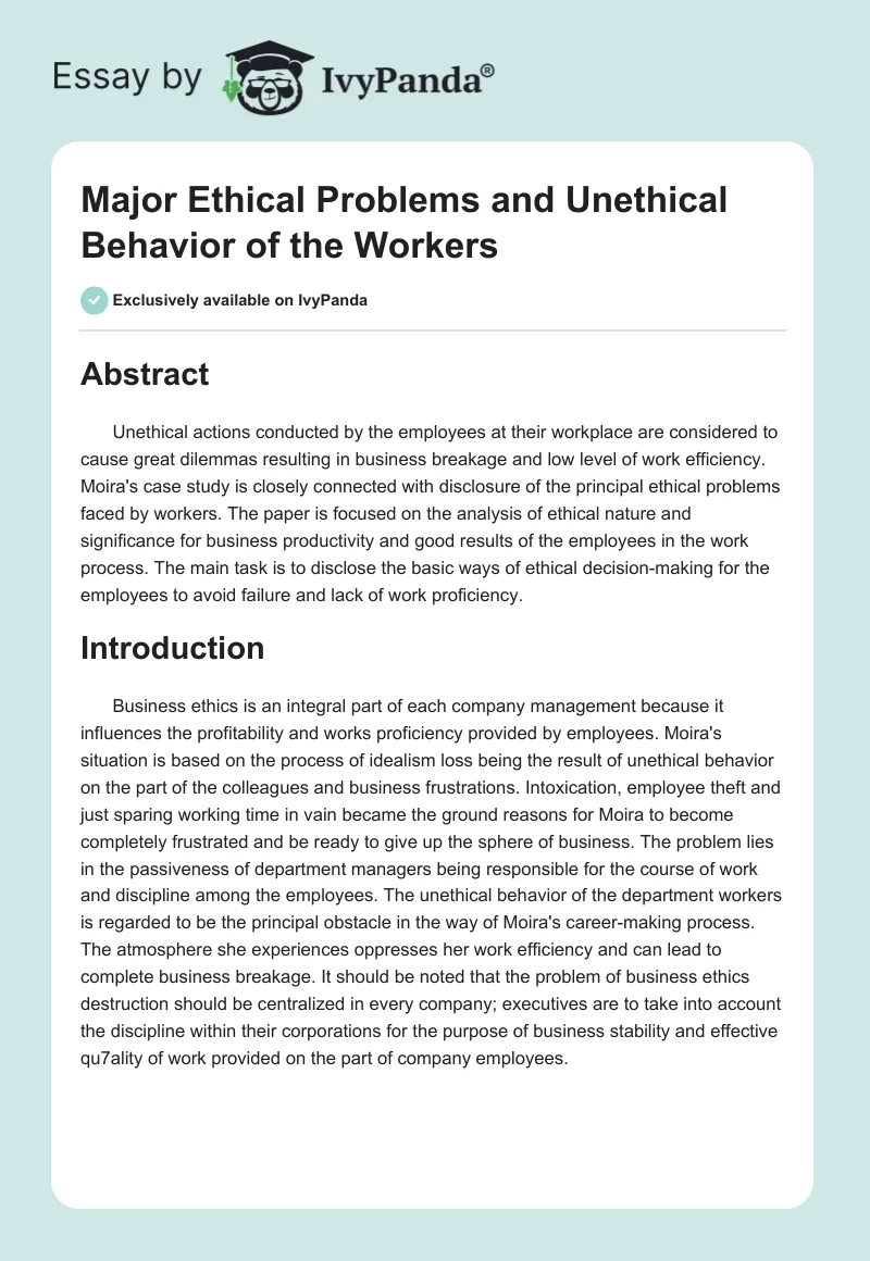 Major Ethical Problems and Unethical Behavior of the Workers. Page 1