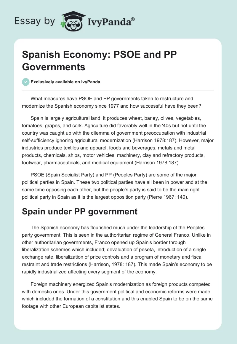 Spanish Economy: PSOE and PP Governments. Page 1