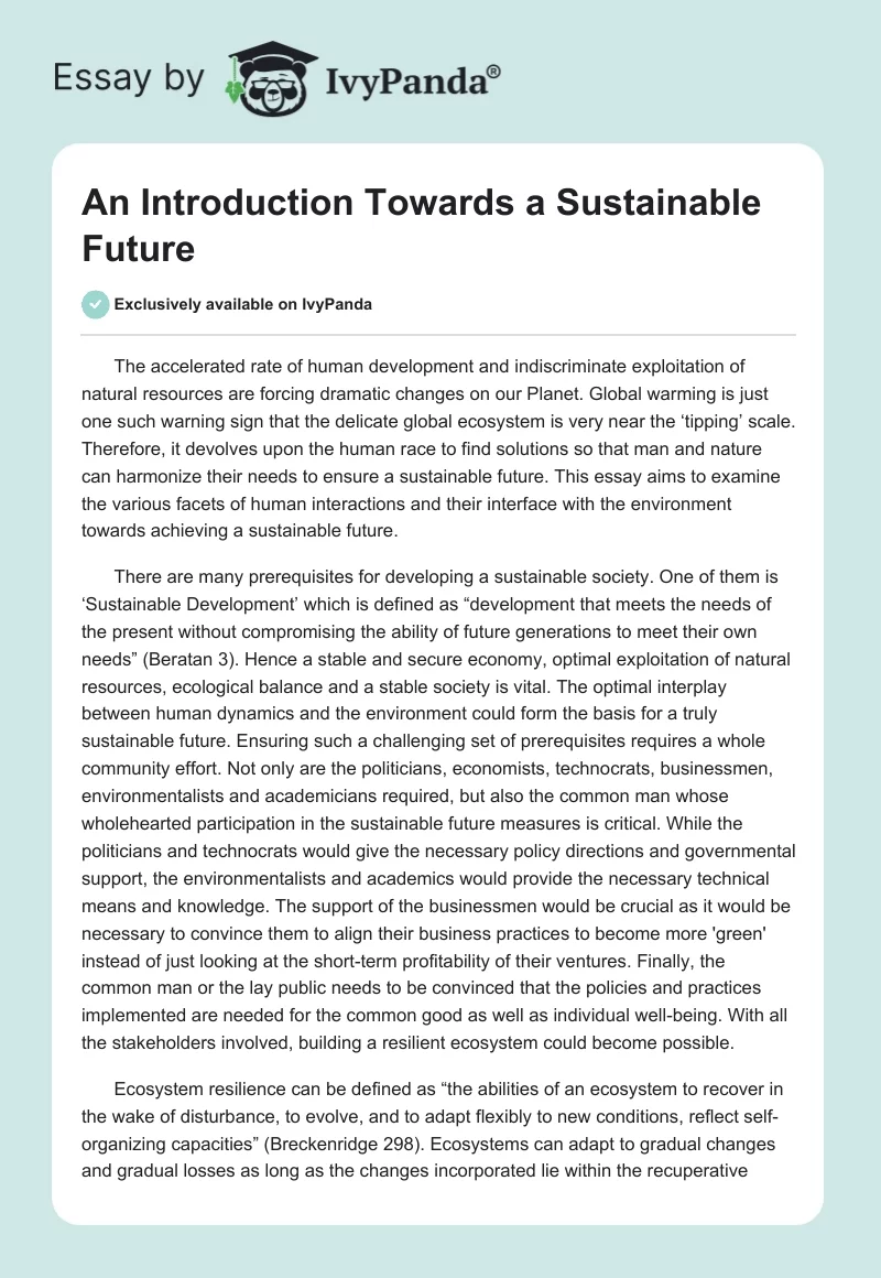 An Introduction Towards a Sustainable Future. Page 1