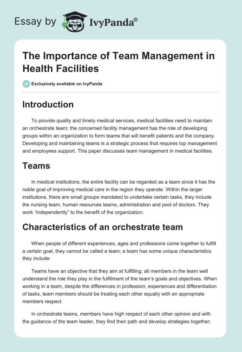 The Importance of Team Management in Health Facilities. Page 1