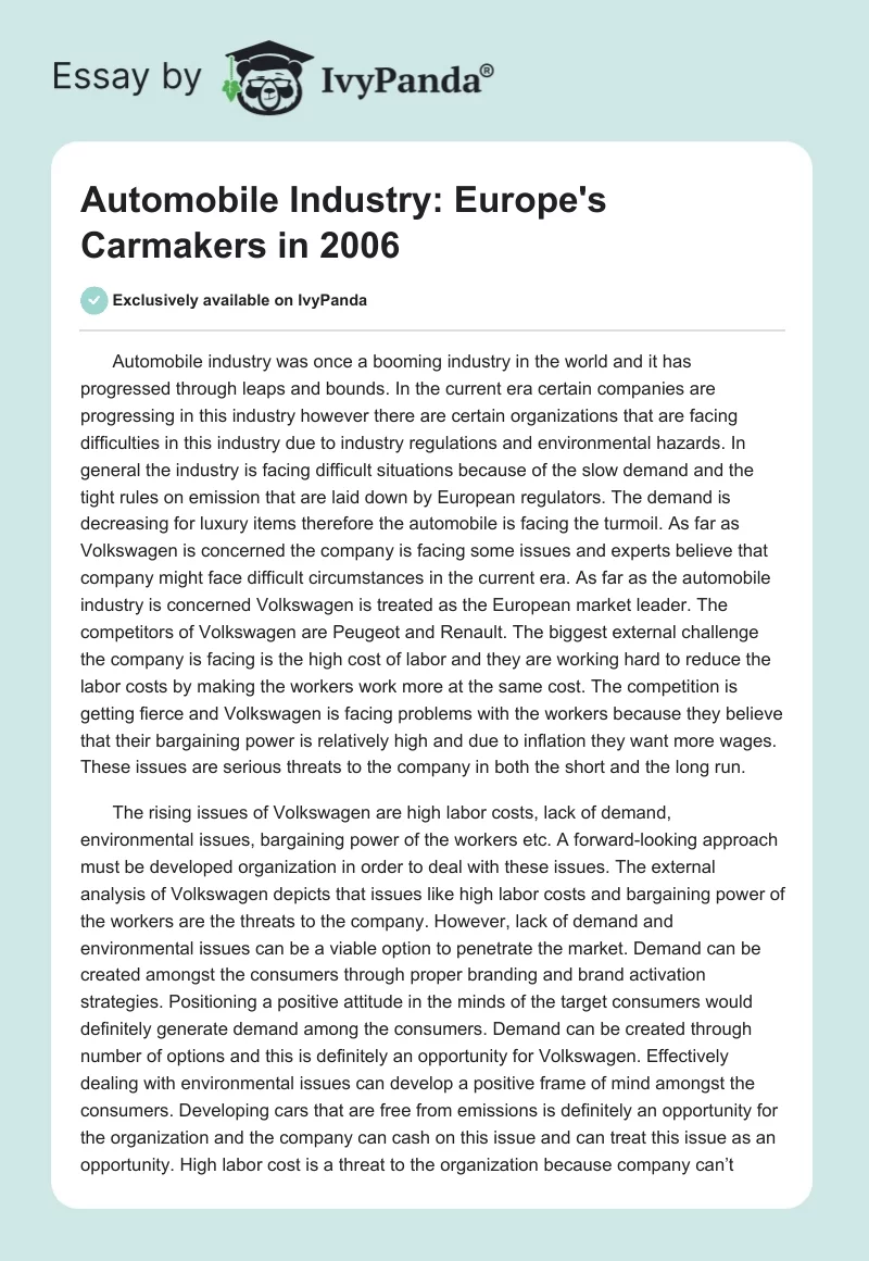 Automobile Industry: Europe's Carmakers in 2006. Page 1
